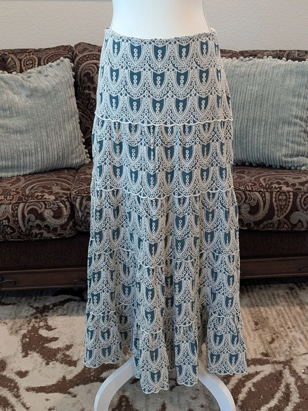 Women's Teal Green and Cream Lace-Pattern Maxi Skirt - Picture 1 of 5